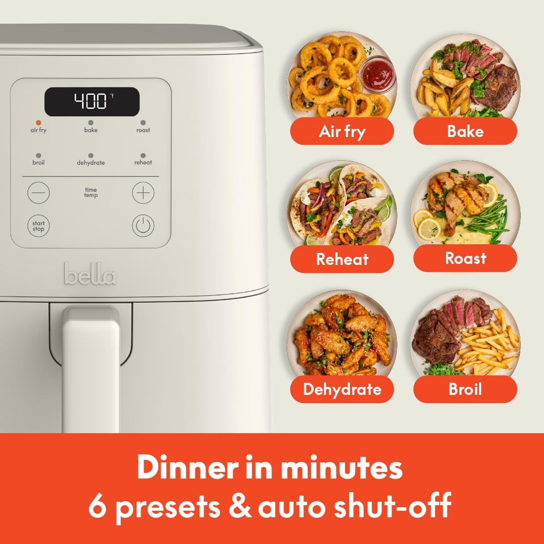 bella 4Qt Slim Air Fryer, Ceramic Nonstick Coating, Adjustable Temperature, 60 Min Auto Shutoff w Audible Tone